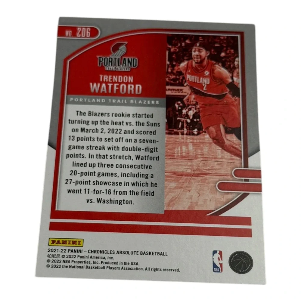 2021-22 Panini Chronicles Absolute Trendon Watford Rookie Card RC 206 Blazers